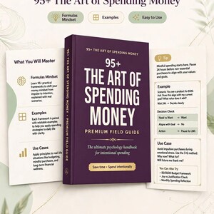 May include: A dark purple book titled 95+ The Art of Spending Money Premium Field Guide, flanked by two open pages detailing formulas, mindsets, examples, and use cases for intentional spending, with the Osh Studio logo at the top center.