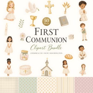 May include: A digital clipart bundle featuring 50 PNG files with First Communion themes. Illustrations include children in formal attire, a dove, a cross, a chalice, a bible, wheat, a church, a cake, and patterned backgrounds with religious symbols.