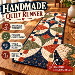 May include: A rectangular quilted table runner featuring a patchwork design with navy blue, rust orange, and sage green floral fabrics. The runner displays curved geometric patterns and intricate stitching, with text overlays including HANDMADE QUILT RUNNER.