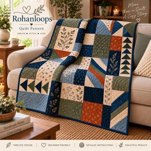 Può includere: Una trapunta patchwork con vari blocchi quadrati e rettangolari in tonalità blu navy, arancione ruggine, verde salvia e crema. Il design include motivi floreali, triangoli geometrici e strisce diagonali con intricate cuciture trapuntate.