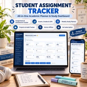 Op de afbeelding: Een digitale studentenopdrachten-tracker en academische planner weergegeven op een laptop- en smartphonescherm. De interface toont dashboards voor cijfers, cursussen en studiegewoonten. Inclusief een spiraalnotitieblok met een studieplan.
