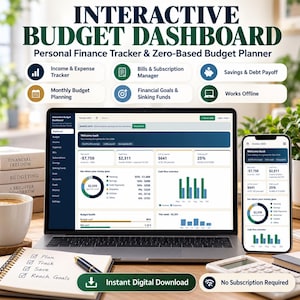 May include: An interactive budget dashboard displayed on a laptop and smartphone screen. The interface features an income and expense tracker, bills and subscription manager, savings and debt payoff, monthly budget planning, and financial goals.