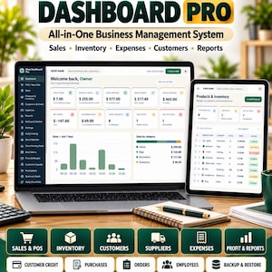 Puede incluir: Un ordenador portátil y una tableta que muestran la interfaz Shop Management Dashboard Pro, con datos de ventas, inventario, gastos, clientes e informes. La pantalla presenta gráficos, tablas y métricas de negocio, junto con iconos de gestión de ventas.