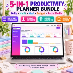 Könnte beinhalten: Ein Laptop zeigt ein 5-in-1-Produktivitätsplaner-Dashboard mit Bereichen für tägliche Aufgaben, Gewohnheiten, Mahlzeiten, Budget und soziale Medien. Der Bildschirm zeigt Diagramme, Grafiken und den Text BloomersWorldStudio sowie ein Seitenmenü.