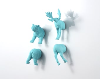 North American Animal Magnet Set - 4 piece set -  Matte Blue Moose and Bear Magnets