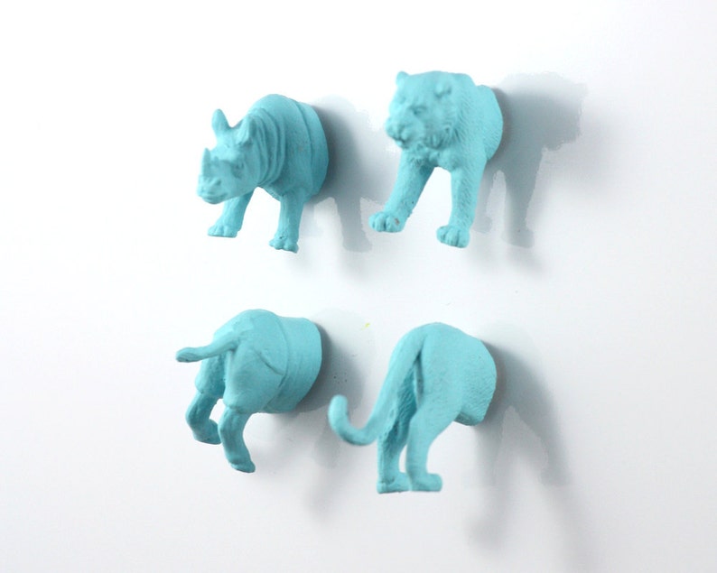 Safari Animal Magnet Set 4 piece set Matte Blue Rhino and Tiger Magnets teen gift image 1