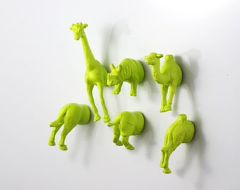 MAGNETS: Safari Jungle Animal - Giraffe - Rhino - Camel - 6 piece set -  Apple Green Bright Greenish yellow (Chartreuse) Set