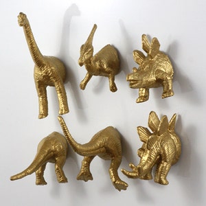 Dinosaur magnets // dino fridge magnets // gold dinosaur set // cool refrigerator magnets image 1