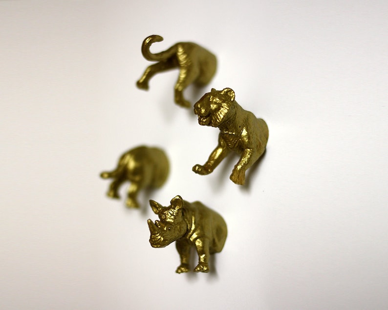 Jungle Wild Animal Magnets 4 piece set in Gold Tiger & Rhinoceros F4-2 image 1