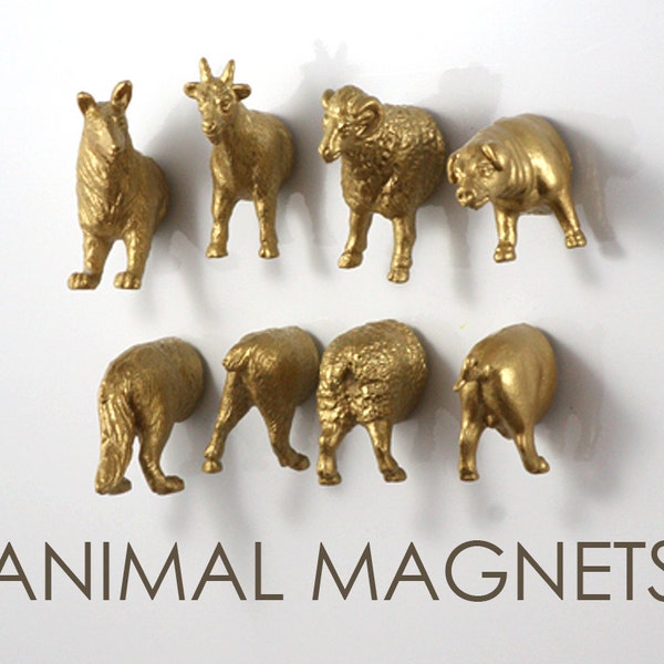 Gold Farm Animal Magnets for Housewarming - 8 piece set - Gold Sheep Dog Pig Goat (Ram)