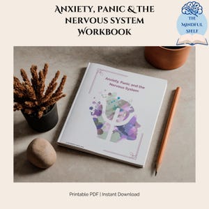 May include: A white workbook titled Anxiety, Panic and the Nervous System featuring a purple and green watercolor silhouette of a human head with a psi symbol. The cover includes thin decorative corner lines and a small logo.