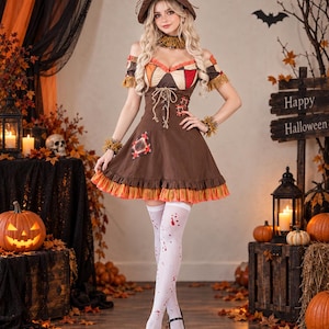 May include: A brown scarecrow costume featuring a pointed hat, a dress with off-the-shoulder sleeves, patchwork details, a lace-up bodice, and a ruffled hem. The outfit includes a neck choker, wrist cuffs, and white thigh-high stockings with red spots.