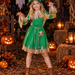 May include: A scarecrow costume featuring a green dress with a jagged hem, straw-like fringe at the cuffs and skirt, a tan collar, and plaid patches. The outfit includes a matching green pointed hat adorned with a yellow sunflower accent.