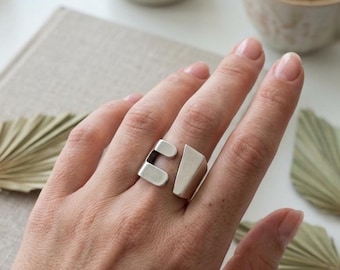 Handmade Oxidized Sterling Silver Geometric Ring, Chunky Modernist Design