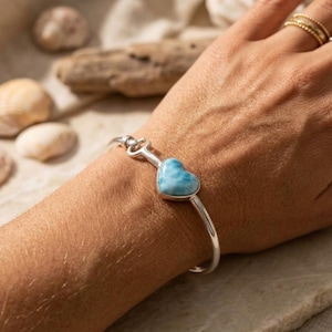 Larimar Heart Bracelet, Silver Hook Bangle, 925 Sterling Silver, Statement Bangle, Designer Bangle, Stacking Bangle, Handmade Jewelry**