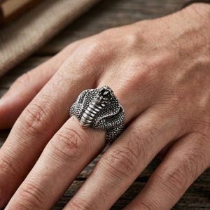 May include: A silver-toned metal ring featuring a detailed, three-dimensional cobra snake design. The snake is depicted with its hood flared, textured scales across its body, and a visible head with defined features wrapped around the finger band.