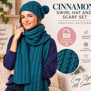 May include: A teal crochet hat with a pom-pom and a matching long scarf featuring a textured swirl pattern. The text reads CINNAMON SWIRL HAT AND SCARF SET, CROCHET PATTERN, PDF INSTANT DOWNLOAD, BEGINNER FRIENDLY, CLEAR INSTRUCTIONS, BEAUTIFUL RESULTS, Cozy Style All Season.
