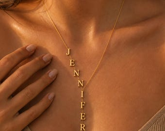 Op maat gemaakte massief gouden lariat-halsketting met initialen • Gepersonaliseerde halsketting met druppelvormige naam • Verticale lariat-stijl sieraden • Op maat gemaakte Y-halsketting voor vrouwen