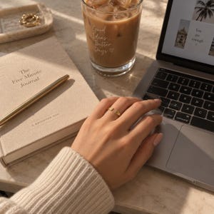 Gold double initial ring worn on hand typing on laptop, styled with journal and iced coffee on desk
