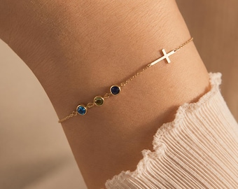 Personalized Cross Bracelet with Birthstone • Custom Birthstone Bracelet • Multi Gemstone Faith Bracelet • Custom Multi-Stone Family Jewelry