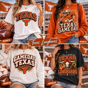 Può includere: Una collezione di quattro magliette e felpe con grafiche Texas Longhorns. I design includono la parola Texas con un logo di toro, una mascotte di toro con il testo Texas Game Day, Gameday Texas con stampa leopardata e un teschio di toro.