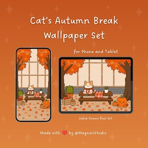 Op de afbeelding: Een digitale achtergrondenset voor telefoon en tablet met pixel art van een kat op een bankje in een herfstsetting met pompoenen en bladeren. De tekst luidt Cat's Autumn Break Wallpaper Set for Phone and Tablet, Hand-Drawn Pixel Art, en Made with a heart by @MagnoriStudio.