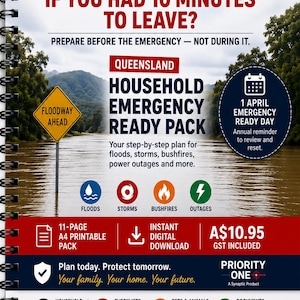 Può includere: Un documento a spirale Queensland Household Emergency Ready Pack con testo sulla preparazione alle emergenze, un segnale di inondazione e icone per inondazioni, tempeste, incendi boschivi e blackout. Include un pacchetto stampabile A4 di 11 pagine.