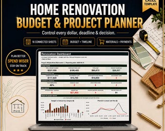 Home Renovation Planner: Excel Project Management Spreadsheet with Budget, Timeline, Materials and Payment Tracker