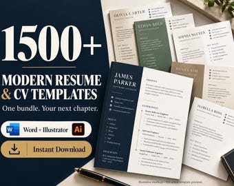 Op de afbeelding: Een verzameling cv- en curriculum vitae-sjablonen met diverse professionele lay-outs en namen zoals James Parker en Olivia Carter. De tekst 1500+ MODERN RESUME & CV TEMPLATES wordt weergegeven naast Word- en Illustrator-pictogrammen en een downloadknop.