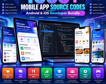 Bundel met broncode van meer dan 1000 Android- en iOS-apps | Java- en Kotlin-projecten (digitale download)