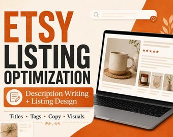 Op de afbeelding: Een laptop toont een Etsy-productpagina met een gespikkelde keramische mok, een kaars en een macramé wandhanger. De tekst op het scherm luidt Etsy Listing Optimization, Description Writing + Listing Design, Titles, Tags, Copy, Visuals.
