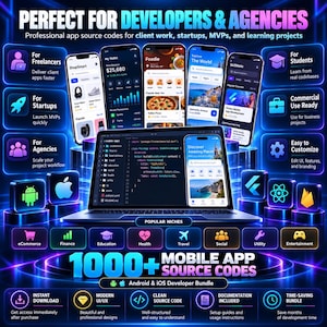Op de afbeelding: Een digitale promotieafbeelding voor 1000+ mobiele app-broncodes met een laptop die code weergeeft, meerdere smartphones met app-interfaces en iconen voor Android, iOS en diverse niches zoals e-commerce, financi&euml;n en reizen.