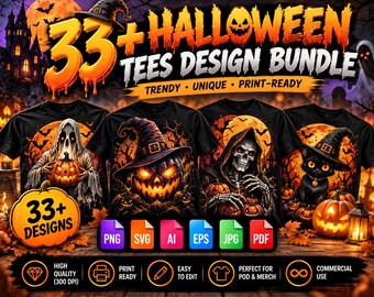 Lot de plus de 33 modèles de t-shirts d'Halloween : fantôme, citrouille, sorcière (téléchargement numérique)