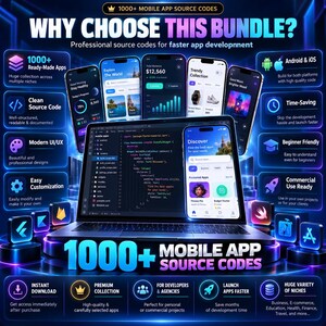 Op de afbeelding: Een digitale afbeelding met 1000+ Mobile App Source Codes, een laptop in het midden met code, omringd door meerdere smartphones met app-interfaces, neonblauwe accenten en tekst die functies zoals schone broncode benadrukt.