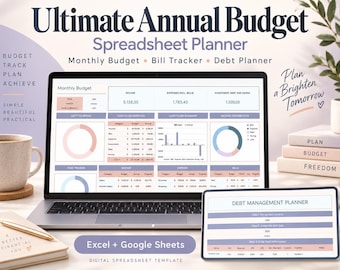 Ultiem jaarlijks budgetoverzicht | Maandelijkse tracker, schuldenplanner (Excel/Google Sheets)
