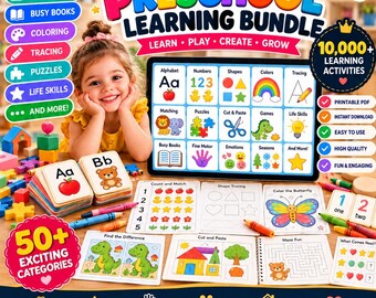 Paket mit über 10.000 Lernaktivitäten für Vorschulkinder | Druckbare Arbeitsblätter, Spiele, Malvorlagen (Digitaler Download)