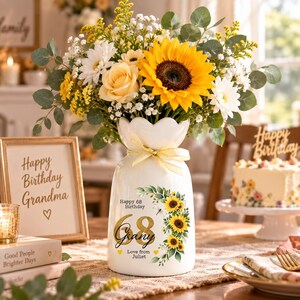 May include: A white ceramic vase with a scalloped rim and a yellow ribbon, featuring a sunflower graphic and text that reads Happy 68 Birthday, 68, Grany, and Love from Juliet. The vase holds a bouquet of sunflowers, white daisies, and eucalyptus.