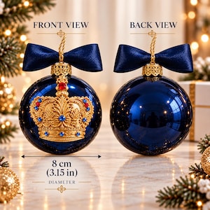 Blue Christmas Ornament, Gold Crown Rhinestone Bauble, Set of 4