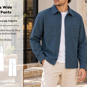 May include: A PDF sewing pattern for Girls Wide Leg Pants featuring illustrated step-by-step instructions and inclusive sizing. The image displays a blue button-down shirt over a white t-shirt and beige pants, with a line drawing of pants.