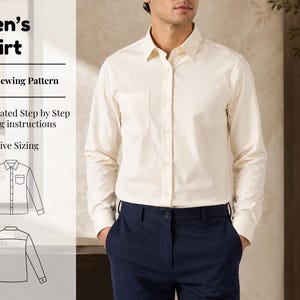 May include: A PDF sewing pattern for a long-sleeved shirt with a collar, button-down front, and a chest pocket. The text reads Men's Shirt, PDF Sewing Pattern, Illustrated Step by Step Sewing instructions, and Inclusive Sizing, with line drawings.