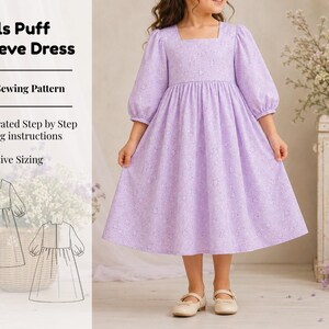 Może przedstawiać: Jasnofioletowa sukienka z kwadratowym dekoltem i bufiastymi rękawami w drobny kwiatowy wzór. Tekst głosi: Girls Puff Sleeve Dress, PDF Sewing Pattern, Illustrated Step by Step Sewing instructions, Inclusive Sizing.