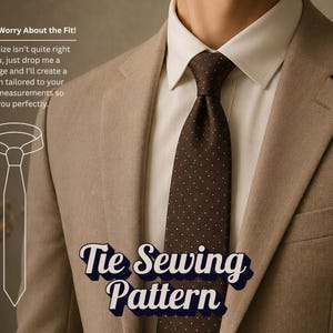 Puede incluir: Una corbata marrón con un patrón de lunares blancos, usada con una camisa de cuello blanco y un blazer color canela. La imagen incluye el texto "Don't Worry About the Fit! If the size isn't quite right for you, just drop me a message" y "Tie Sewing Pattern".