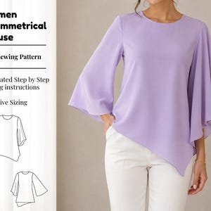 Puede incluir: Una blusa de color morado claro con dobladillo asimétrico y mangas anchas y fluidas. El texto dice: Women Asymmetrical Blouse, PDF Sewing Pattern, Illustrated Step by Step Sewing instructions, Inclusive Sizing. Incluye dos bocetos lineales.
