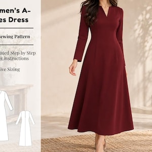May include: A deep burgundy A-line dress with long sleeves and a V-neckline. The image includes text reading Women's A-Lines Dress, PDF Sewing Pattern, Illustrated Step by Step Sewing instructions, and Inclusive Sizing, plus a line drawing diagram.