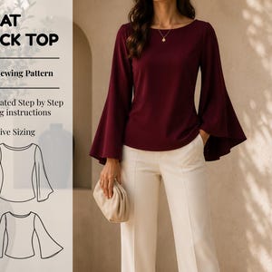 May include: A burgundy long-sleeve top with a boat neckline and flared bell sleeves, worn with cream trousers. The image includes text: BOAT NECK TOP, PDF Sewing Pattern, Illustrated Step by Step Sewing instructions, and Inclusive Sizing.