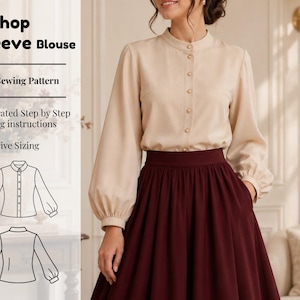Könnte beinhalten: Eine beigefarbene Langarmbluse mit Bischofsärmeln, Stehkragen und einer Knopfleiste vorne. Das Bild enthält den Text Bishop Sleeve Blouse, PDF Sewing Pattern, Illustrated Step by Step Sewing instructions und Inclusive Sizing.