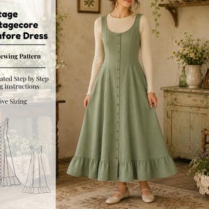 Op de afbeelding: Een saliegroene overgooier met een ronde halslijn, een knoopsluiting over de gehele lengte en een geplooide zoom. De afbeelding bevat de tekst: Vintage Cottagecore Pinafore Dress, PDF Sewing Pattern, Illustrated Step by Step Sewing instructions, Inclusive Sizing.