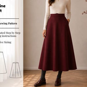 May include: A deep burgundy A-line skirt with a high waistband and side pockets. The image includes text: A-Line Skirt, PDF Sewing Pattern, Illustrated Step by Step Sewing instructions, Inclusive Sizing, and a line drawing of the skirt silhouette.