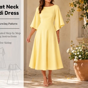 May include: A pale yellow midi dress with a boat neckline and flared sleeves. The text reads: Boat Neck Midi Dress, PDF Sewing Pattern, Illustrated Step by Step Sewing instructions, Inclusive Sizing. Includes line drawings of the dress front and back.