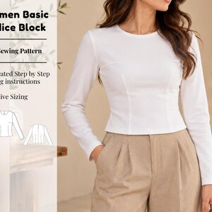 Patrón básico de costura para corpiño de mujer en PDF, patrón base para corpiño, patrón base para top ajustado, patrón de corpiño con pinzas, manga larga XS-XXXL